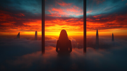 Silhouette of a woman looking out at a fiery sunset from a skyscraper window.