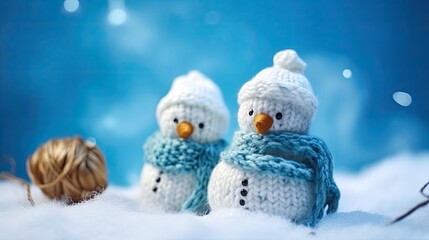 Obraz premium Cute Knitted Snowmen with Scarves and Hats on Blue Background