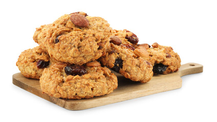 Delicious oatmeal cookies with dried cranberries and nuts isolated on white