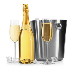 Champagne and bucket with ice isolated on white