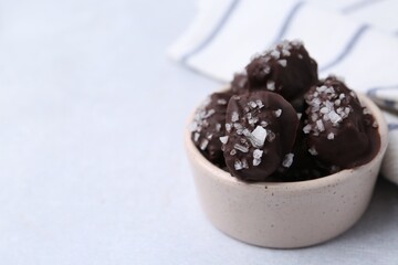 Tasty chocolate candies with salt in bowl on light table, closeup. Space for text