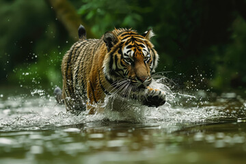 Tiger is running through a stream of water. The tiger is in the middle of the stream and is surrounded by water