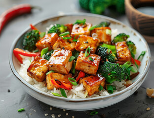 Delicious Vegetable Stir-Fry with Tofu and Rice on a White Plate