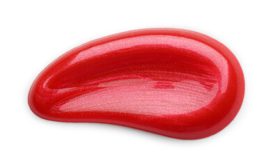 Red lip gloss isolated on white, top view. Sample of cosmetic product