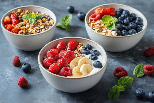 Colorful bowls of fresh berries, granola, and yogurt arranged stylishly on a table for a healthy breakfast delight. Generative AI