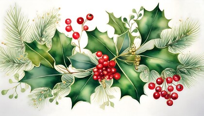  Winter scene featuring watercolor holly leaves, berries, bells, and mistletoe branches in v_1(1977)