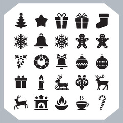 
Black Merry Christmas day icon silhouette, Christmas Bundle icon set. Christmas icons collection silhouettes in white background