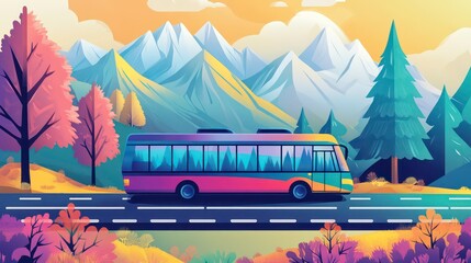 A colorful bus travels along a scenic road with mountains and trees, perfect for travel and adventure themes.