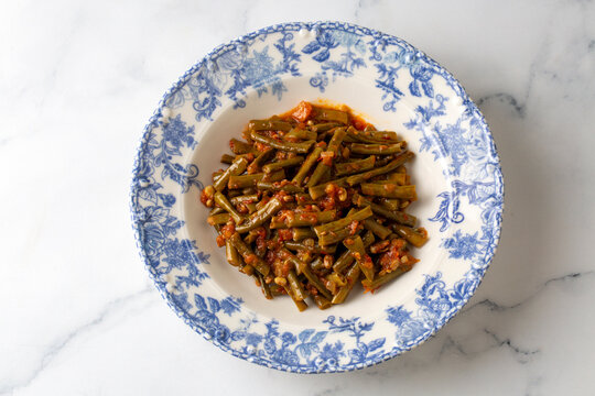 Traditional delicious Turkish food; fresh green black eyed peas food (Turkish name; Zeytinyagli yesil taze borulce or acebek)
