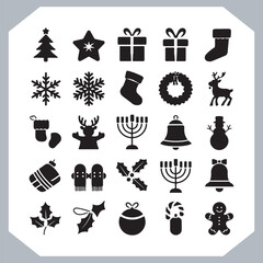 
Black Merry Christmas day icon silhouette, Christmas Bundle icon set. Christmas icons collection silhouettes in white background