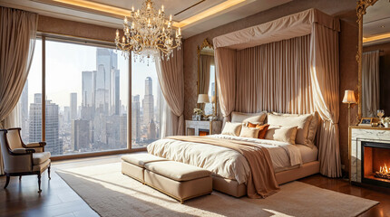 Luxurious Bedroom with City Skyline View
