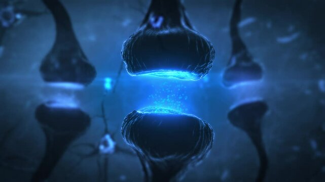 3D Animation Of Neuron Cells Sending Electrical Information. Synapse, Neurotransmitter Release, Synaptic Transmission In The Brain, Information Transfer Of Between Neurons