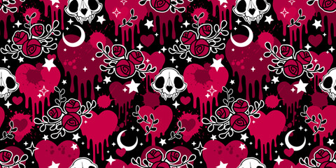 Gothic hearts, skulls and roses. Seamless pattern