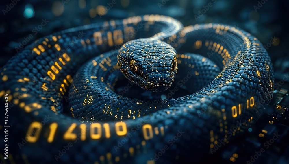 Fototapete a snake made of binary code, coiled around an array of numbers and digital symbols
