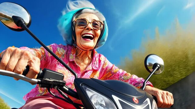 An old lady on a moped. Grandma rides a scooter. The extreme of an elderly woman