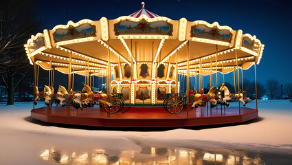 A brightly lit carousel in a snowy park at night with a reflection of its lights in the puddle on the ground.