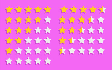 Isolated vector modern illustration of a star rating system. Five-star rank icon set suitable for websites and consumer review platforms. Collection stars with shadow on pink background.