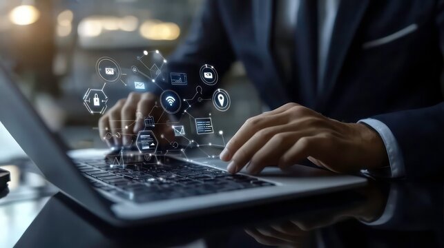 A businessman uses a stylus on a laptop to interact with a virtual interface featuring icons for security, connectivity, and global access, symbolizing comprehensive digital management in a global