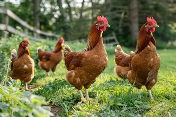 Fototapeta premium Four Brown Chickens Walking in a Grassy Field