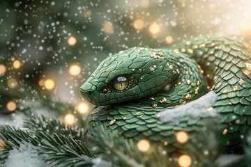 Fototapeta premium A green snake resting on pine branches amidst falling snow and glowing lights in a winter landscape