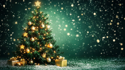 A beautifully decorated Christmas tree with sparkling lights and golden ornaments set against a festive green backdrop