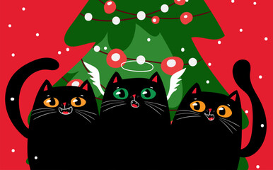 Kawaii character funny Black cats singing Christmas song near Christmas tree. Cute carols. Christmas and New year. Cartoon style.