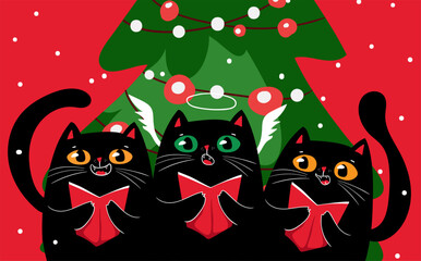 Kawaii character funny Black cats singing Christmas song near Christmas tree. Cute carols. Christmas and New year. Cartoon style.