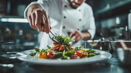 A beautifully plated gourmet dish in a modern kitchen, showcasing culinary art and skilled chefs at work.