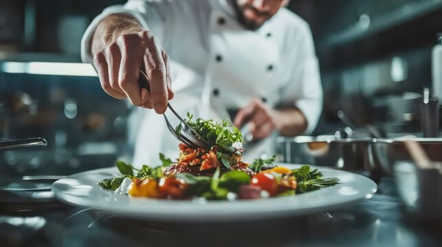 A beautifully plated gourmet dish in a modern kitchen, showcasing culinary art and skilled chefs at work.