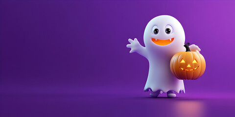 Obraz premium Halloween ghost holding a pumpkin on purple background, perfect for Halloween party themes