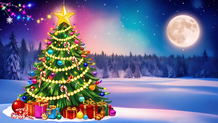 Obraz premium A decorated Christmas tree with presents underneath stands in a snowy forest under a bright moon.