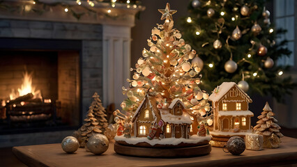 A gingerbread house Christmas tree with lights and ornaments in a living room setting with a fireplace, more gingerbread houses and a real Christmas tree in the background.