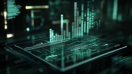 A 3D growth chart rising from a tablet, symbolizing financial and market growth with sleek digital elements
