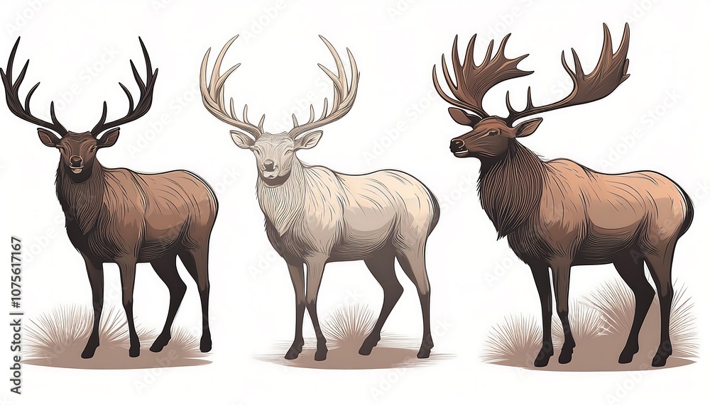 Poster vector set featuring elk and deer silhouettes in a muted color palette, isolated on a w_1(1824)