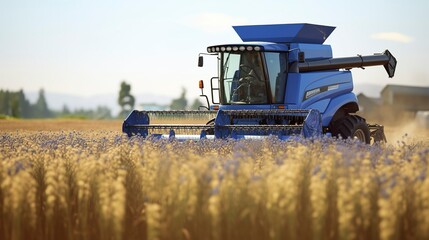 Fototapeta premium A photo of a flax harvester in a flax field