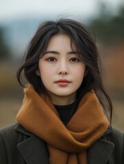 Young korean woman wearing a scarf and coat in autumn