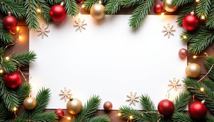Top down flatlay white blank sign on a wooden table for Christmas mockup, surrounded by red gold ornaments with bokeh lights. Ideal for holiday designs.