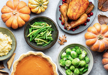 Thanksgiving traditional food ready to eat, view from above, close up view