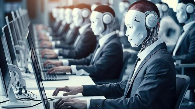 Robots replace people work. Job interview.