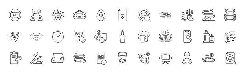 Arena, Smartphone repair and Timer line icons. Pack of Ice tea, Baggage, Bike path icon. Auction hammer, Delivery service, Click hand pictogram. Fake information, Reject file, Car. Line icons. Vector