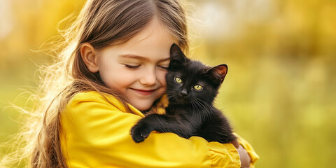 Smiling young girl in yellow hugging her pet black kitten, showing affection
