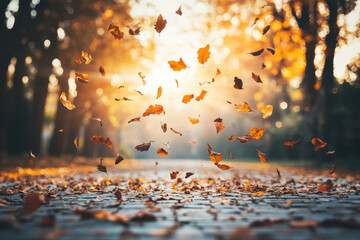 Autumn Leaves Floating in Golden Light