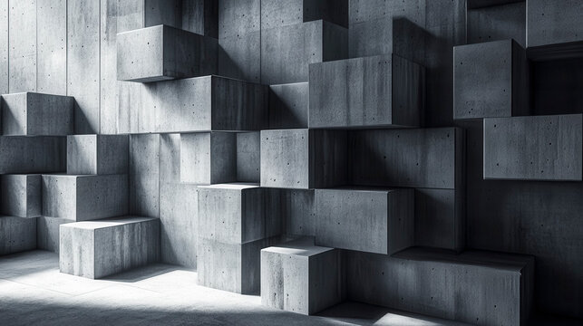 Concrete wall with geometric block formations in an industrial setting, showcasing shadows and light play during daylight hours