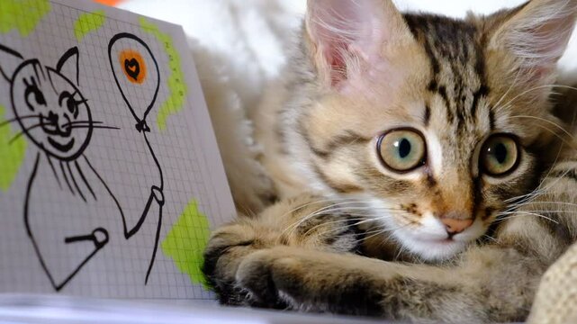 Fun smiling cat picture and cute kitten relaxing on the bed. Morning sunlight. Tabby cat. Funny pets. Napping kitten. Happy Holidays