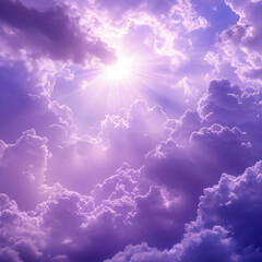 Sunlight Breaking Through Purple Clouds, a Radiant and Peaceful Sky Scene with Glowing Sunrays and Fluffy Cloud Layers