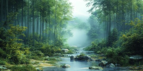 Obraz premium Tranquil Stream Flows Through a Misty Bamboo Forest.