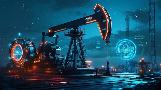 Futuristic oil pump machinery with holographic controls, high-tech setting, energy-efficient design