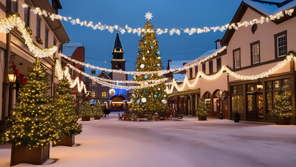 Obraz premium A snow-covered street in a charming town decorated for the holidays with twinkling lights and a large Christmas tree.