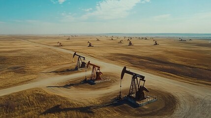 Large oil field with hundreds of pump jacks, fading into the distance, overhead aerial view, expansive scene