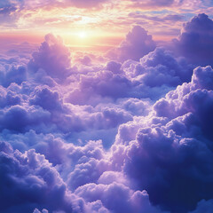 Sunset Over a Sea of Fluffy Purple Clouds, a Dreamy Landscape with Soft Light and Vibrant Sky Hues Creating a Magical Atmosphere
